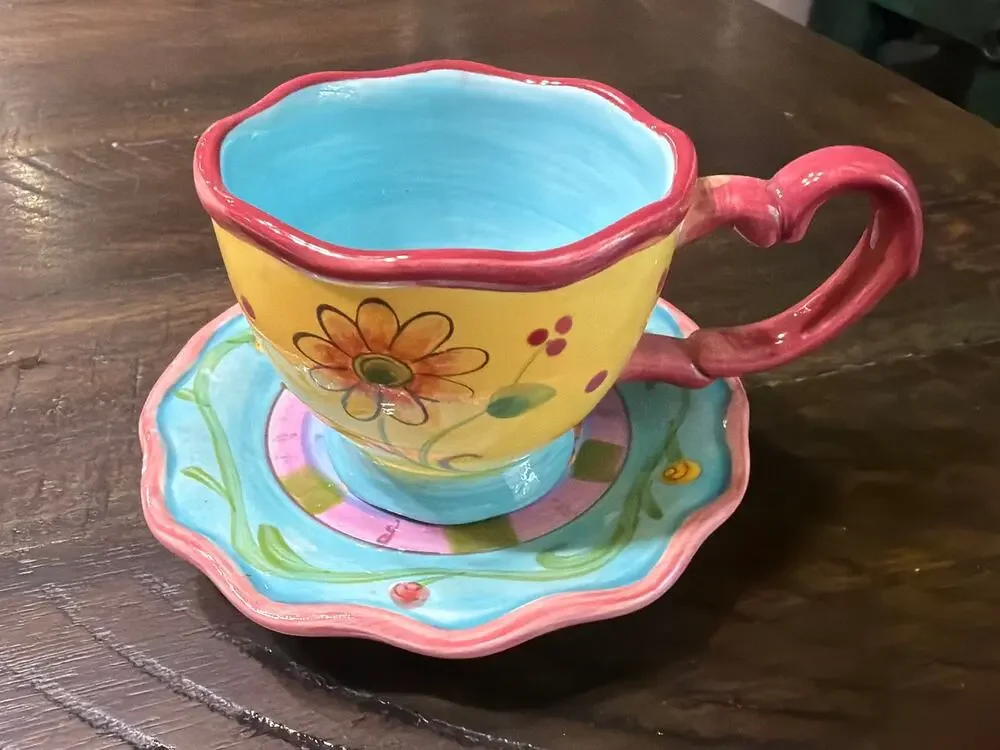 Certified International CIC Floral Cup Saucer Set Colorful Whimsical Ceramic